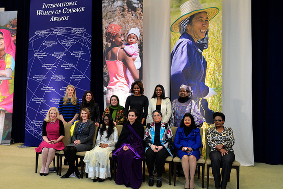 First Lady Michelle Obama and Deputy Secretary Higginbottom With 2014 IWOC Awardee Oinikhol Bobonazarova of Tajikistan